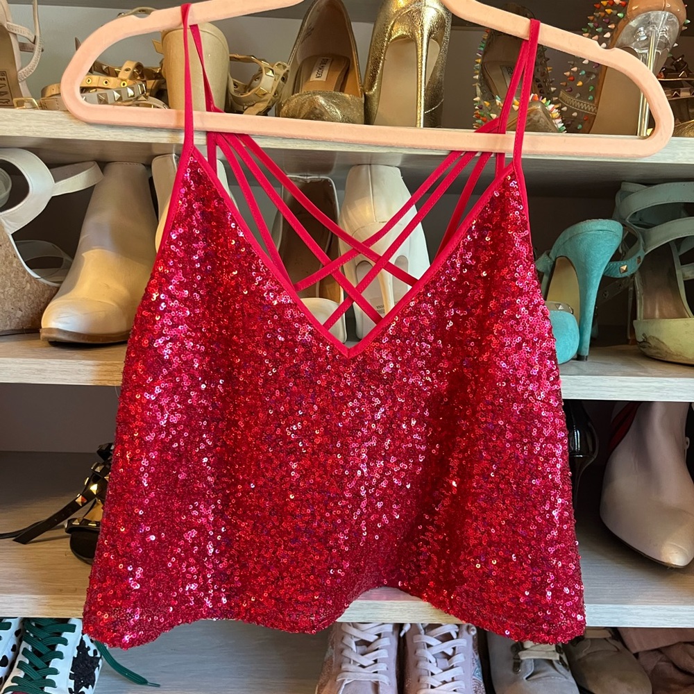 Valentine’s Day sparkle Olivia culpo x express fushia pink sequin crop top